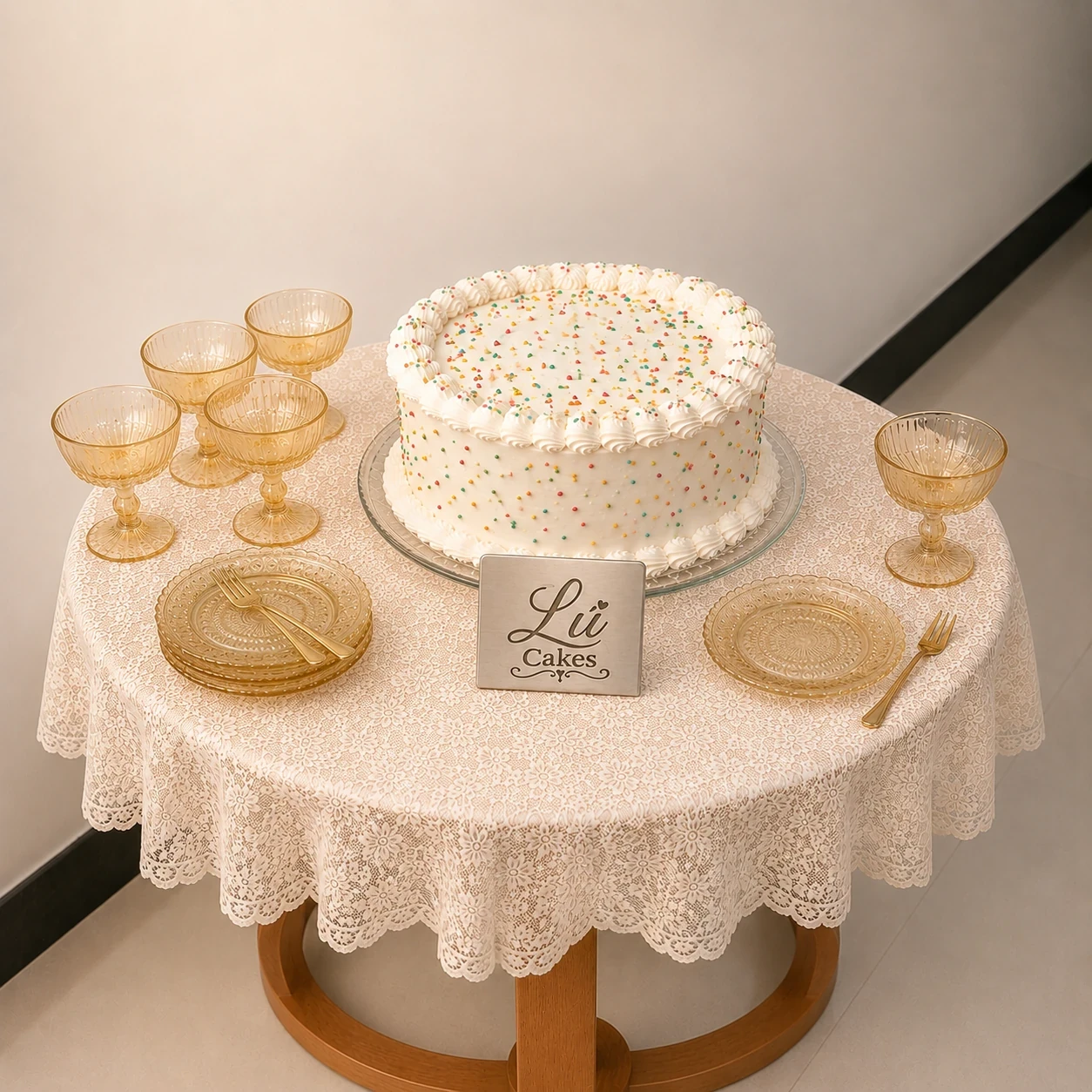 Mesa com bolo amarelo